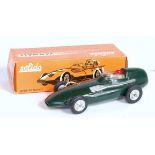 A Solido No. 104 Vanwall F1 race car comprising green body with silver exhaust and spun hubs with