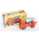 A Budgie Toys No.310 Leyland cement mixer, comprising orange body with silver barrel and Invicta