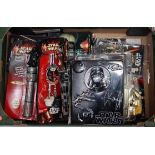 One box containing a quantity of various Star Wars and Godzilla actions figures, accessories and