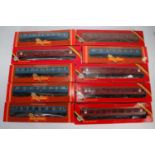 Ten Hornby bogie corridor coaches:- 5 x Coronation Scot LMS blue/silver with 5 LMS maroon, all (G-