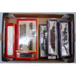 Large tray containing Hornby R6204 75-ton breakdown crane factory weathered, R739 similar, red