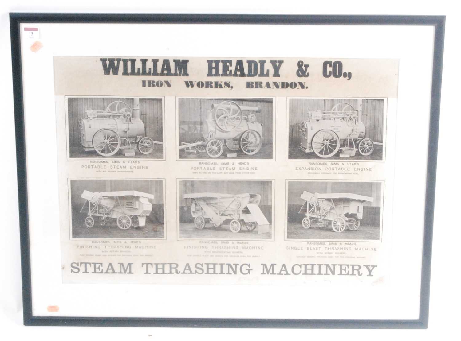 A William Headley & Co Ironworks of Brandon steam thrashing machinery, framed and glazed black and