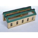 A Hornby Dublo pre-war wooden 2 road engine shed, a few blemishes but good for age (G)