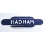 A BR Eastern Region "Hadham" half flanged totem sign, white on blue example, some minor overpainting