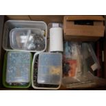 Large tray containing items from model maker's workshop and layout including wheels/axles,