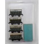 Four Hornby Dublo GW cattle trucks, 3 x 4 windows (2 x (E) 1 x (VG), 1 x 3 windows (FG), one boxed