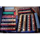 Large tray containing mixed selection of Hornby Dublo coaches red/cream/brown Stanier and Gresley