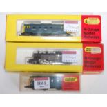 3 Hornby Trix N gauge locomotives, BR lined black 2-6-2 tank engine in wrong box (G-BP), BR blue