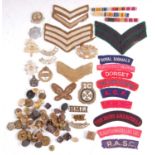 A collection of cap badges, buttons and cloth shoulder titles to include