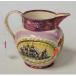 A William IV Sunderland lustre jug, transfer decorated with sailing ships, a view of the Iron Bridge