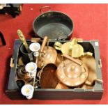 A box of miscellaneous metalware, to include early 20th century copper range kettle, silver plated