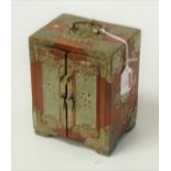 A 20th century Chinese hardwood and brass mounted table-top jewellery chest, having three drawers