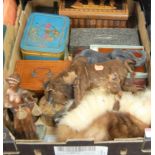 A box of miscellaneous items to include a crocodile skin clad photograph album, a leather clad