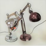 A chrome anglepoise type desk lamp; together with one other similar burgundy example (2)