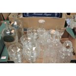 A box containing a collection of glassware, to include a pair of pressed glass decanters, ice