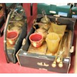 A box of miscellaneous items to include Art Deco moulded glass vase, turned brass fire tools, copper