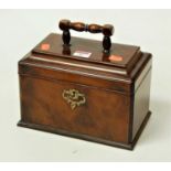 A George III mahogany tea caddy, the cavetto top with later handle, opening to reveal three pewter