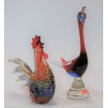 A large Murano glass model of a swan, h.32cm; together with another similar in the form of a chicken