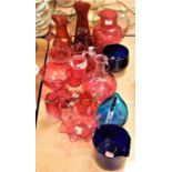 A collection of Victorian and later glassware to include cranberry glass jug, Bristol blue glass