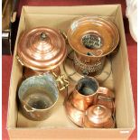 A box of miscellaneous metalware to include early 20th century copper samovar, copper jug etc