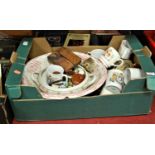 A box of miscellaneous china to include larger transfer printed wash bowl, various commemorative