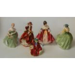 A collection of five Royal Doulton figurines, comprising Clarissa HN2345, Linda HN2106, Top o' the