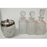 A small collection of glassware, to include two hobnail cut decanters and stoppers, a cut glass