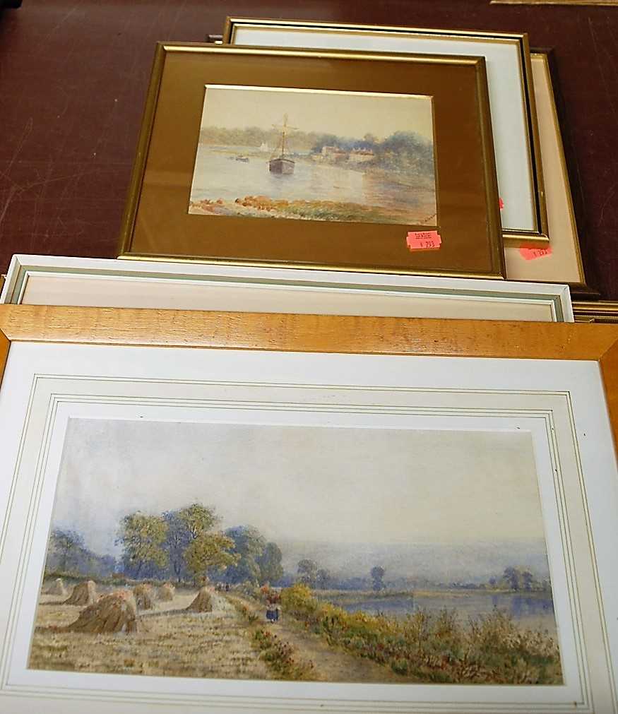 Assorted pictures and prints, to include Lindsey Harman landscape watercolour, E. Oldham pair of