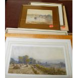 Assorted pictures and prints, to include Lindsey Harman landscape watercolour, E. Oldham pair of