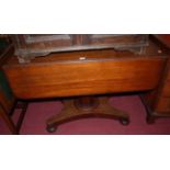 A William IV mahogany round cornered drop-leaf pedestal supper table, having single end drawer,