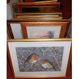 A box of assorted pictures and prints, to include M. Tacon - Frosty Meeting pencil signed print etc