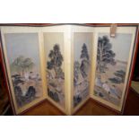 A Japanese canvas inset four fold low screen, depicting landscape society scenes, each panel width