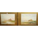 H. Baker - Pair; Coastal scenes with forts, watercolours, each signed lower left, 32 x 45cm