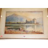 Uno(?) Waite - Castle before a mountain lake, watercolour, signed and dated '87 lower left, 36 x