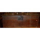 An antique boarded oak six plank coffer, of closed nail construction (with some alterations and