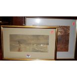 T Hunt - Beach scene, watercolour, signed lower right, 16 x 35cm; together with A. Fisher - River