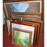 Assorted modern artworks, to include various process oils, continental street scenes etc