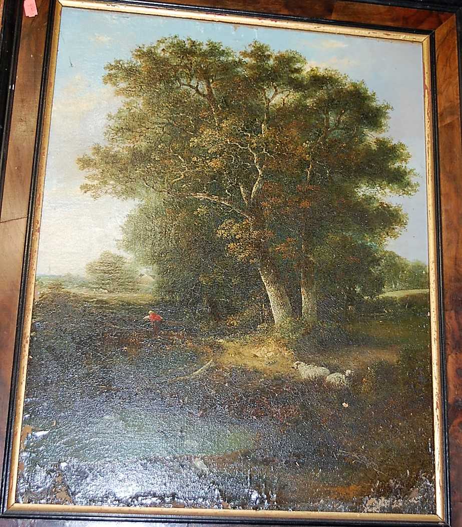 19th century Norwich school - Figure by a duck pond in a rural landscape, oil on canvas (re-