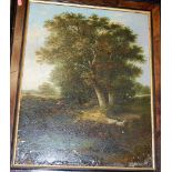 19th century Norwich school - Figure by a duck pond in a rural landscape, oil on canvas (re-