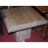 A contemporary travertine square occasional table; together with a matching pedestal (2)