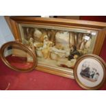 A gilt framed oval wall mirror, a French fashion print, and a Victorian over-painted print depicting