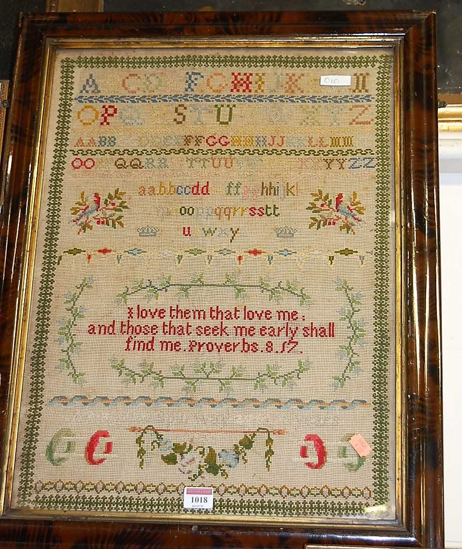 A Victorian alphabet and verse needlework sampler, 56 x 41cm, in glazed frame