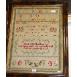 A Victorian alphabet and verse needlework sampler, 56 x 41cm, in glazed frame