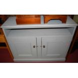 A grey painted pine double door side cupboard having open upper compartment, width 121.5cm