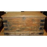 A 19th century pine and metal bound hinge top tool chest, with iron end carry handles, width 72cm