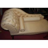 A small contemporary yellow floral buttoned upholstered scroll end chaise longue, length