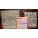 A Victorian needlework alphabet and verse sampler, unsigned, 29 x 28cm; and two others (3)