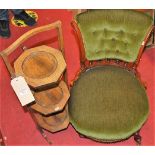 An oak three-tier folding cake stand; together with a Victorian walnut nursing chair (one front