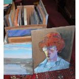 A box of assorted original modern artworks, largely by Peter Reid, to include portrait studies on
