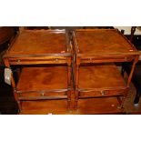 A pair of contemporary burr oak galleried two-tier lamp tables, each having upper pull-out slides